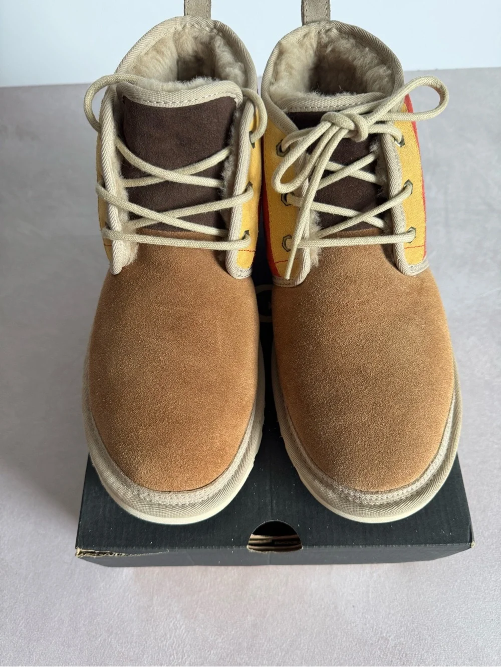 UGG Men’s Chestnut Suede Lace-Up Boots with Red & Yellow Accents